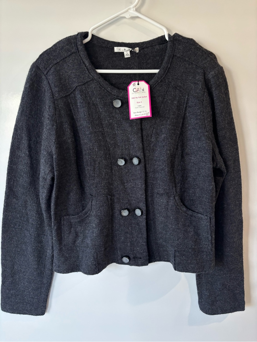 CAbi My Fair Jacket 184 Gray 100% Wool Button Front Pockets Long Sleeve Size L
